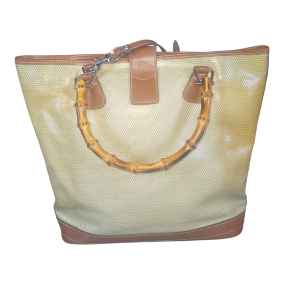 Dooney & Burke 70's Vintage Panama Collection Bamboo Handle Tan and Cream Bag - Picture 3 of 11